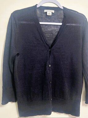 Liz Claiborne Cardigan Sweater XL Navy Blue Almost Sheer 3/4 Sleeves Read